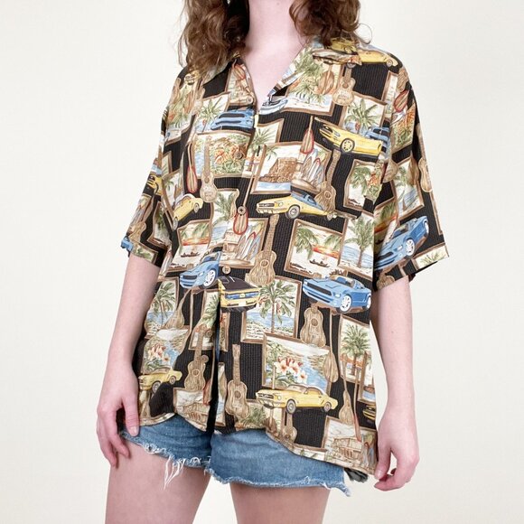 Vintage Novelty Hawaii Car Print Button Down Blouse Oversized Top Hawaiian Shirt - Picture 1 of 9